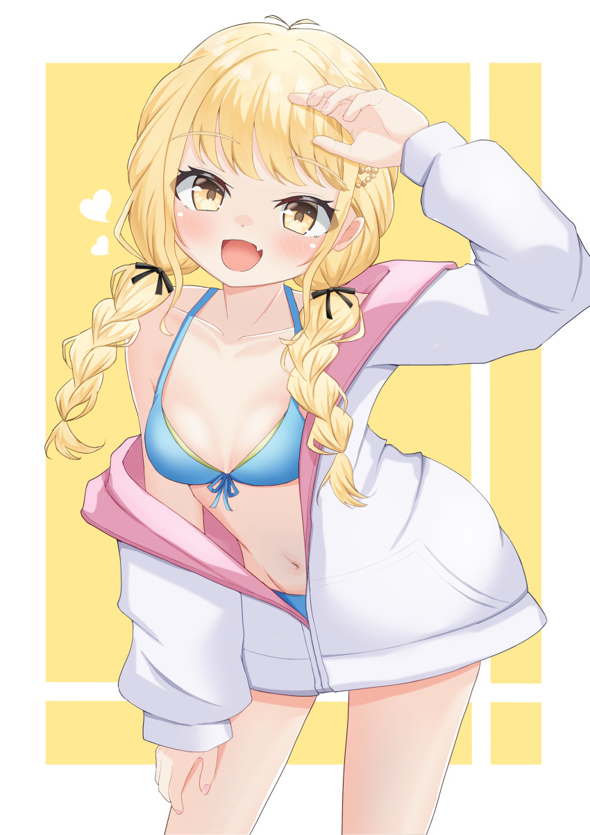 1girl, absurdres, bikini, blonde_hair, blue_bikini, blush, braid, breasts