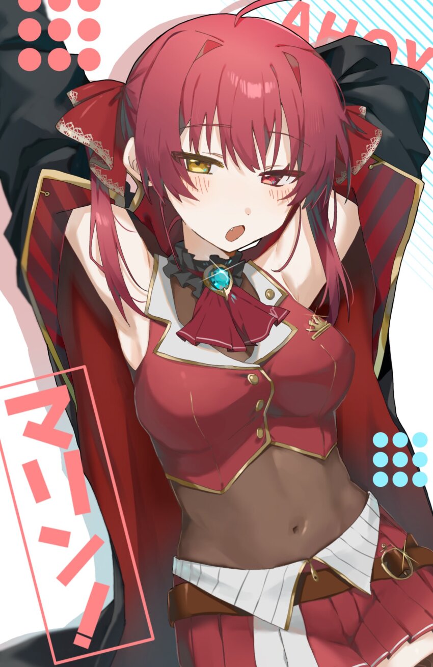 1girl, arms_up, ascot, breasts, character_name, coat, covered_navel, fang