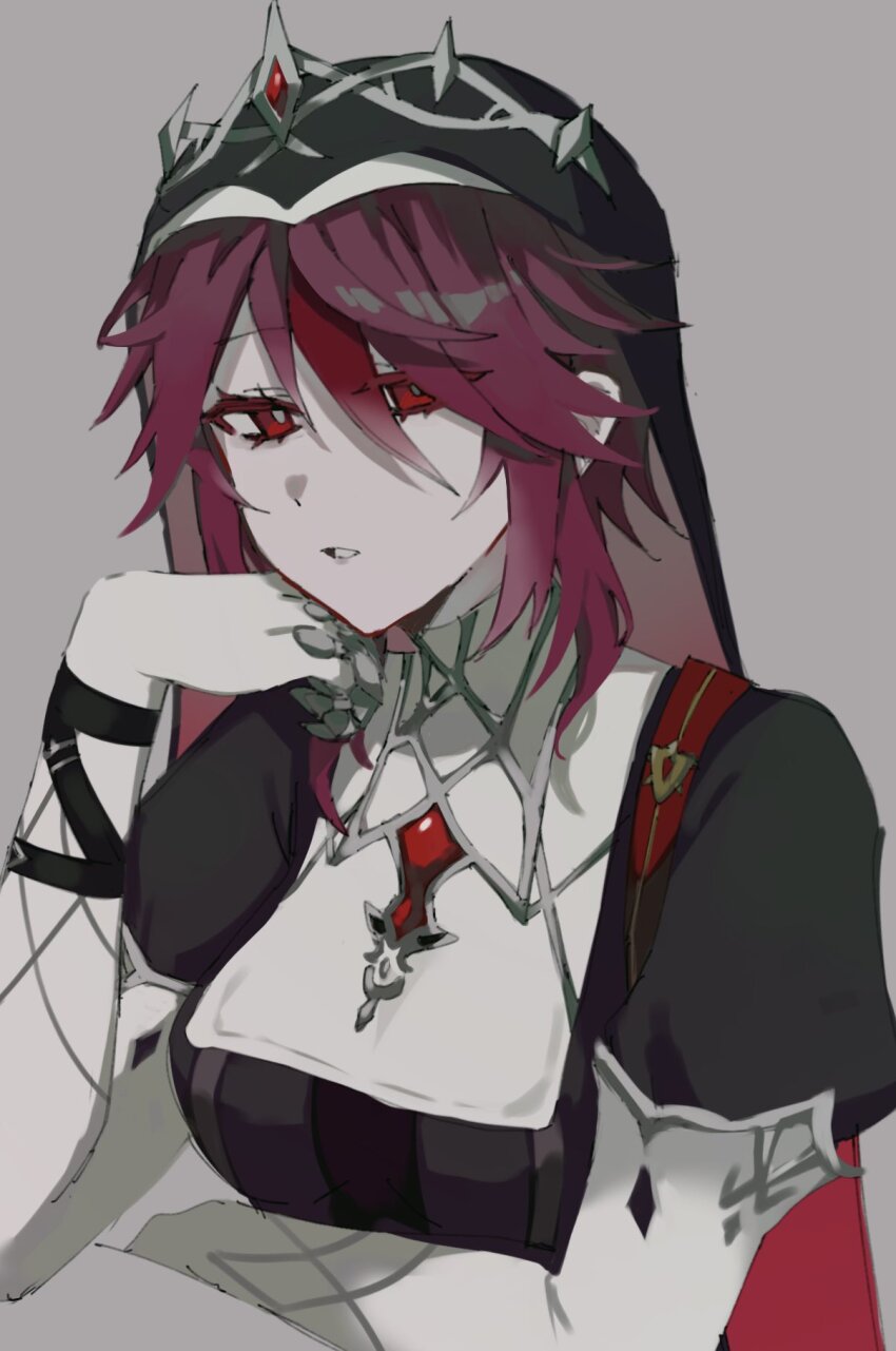 1girl, black_hat, breasts, claw_ring, commentary_request, dress, genshin_impact, grey_background