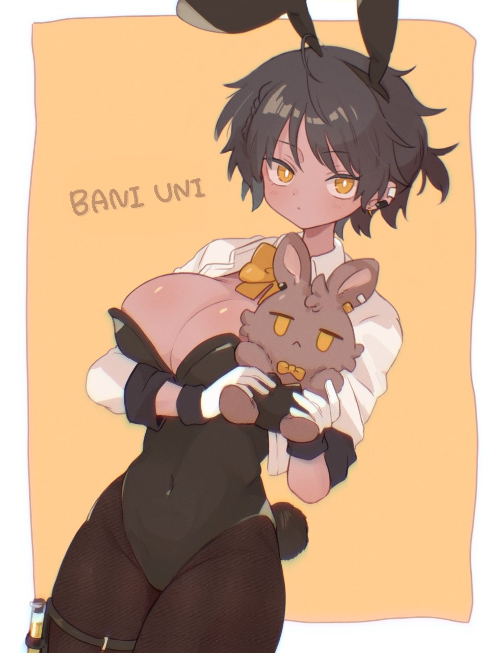 1girl, alternate_costume, animal_ears, arknights, arouni22, black_hair, black_leotard, black_pantyhose