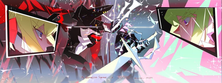 1boy, 1girl, armor, asymmetrical_hair, battle, black_gloves, blue_eyes, cape