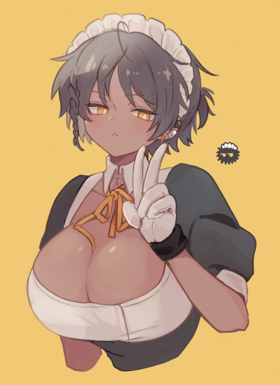1girl, alternate_costume, arknights, arouni22, breasts, cleavage, closed_mouth, cropped_torso, dark-skinned_female, dark_skin, dress, ear_piercing, enmaided, genderswap, genderswap_(mtf), gloves, highres, jewelry, large_breasts, looking_at_viewer, maid, maid_headdress, orange_background, orange_eyes, piercing, ponytail, puffy_short_sleeves, puffy_sleeves, short_ponytail, short_sleeves, simple_background, solo, thorns_(arknights), upper_body, v, white_gloves