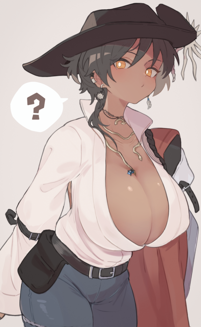 1girl, ?, arknights, arouni22, black_hair, black_hat, blush, breasts, cleavage, closed_mouth, dark-skinned_female, dark_skin, ear_piercing, earrings, genderswap, genderswap_(mtf), grey_background, hair_between_eyes, hair_over_shoulder, hat, huge_breasts, jewelry, long_sleeves, looking_at_viewer, orange_eyes, pants, piercing, shirt, simple_background, solo, spoken_question_mark, thorns_(arknights), thorns_(blade-cleaved_tides)_(arknights), white_shirt