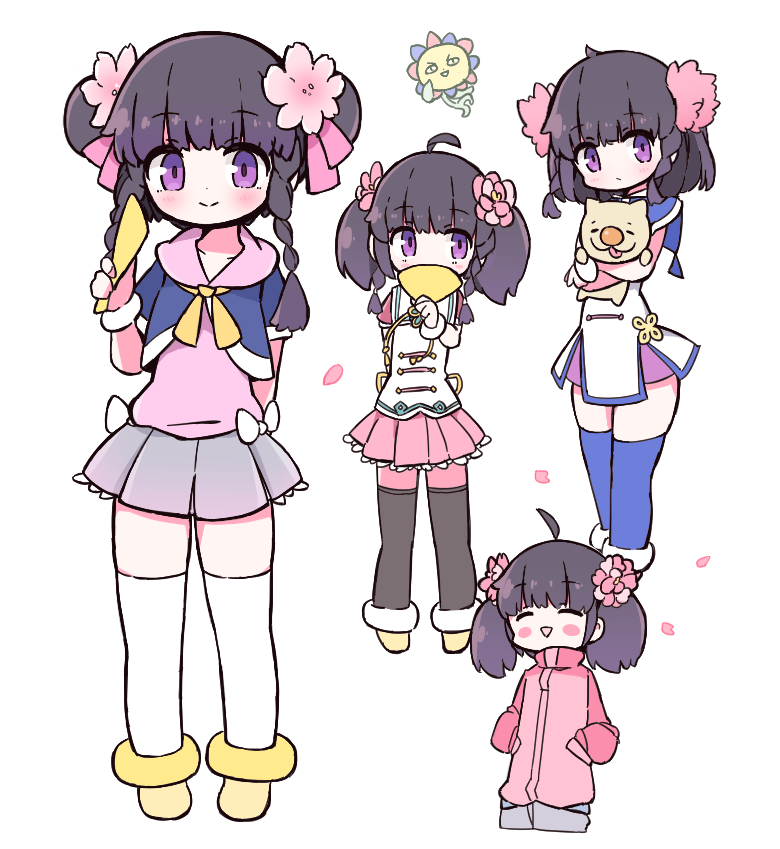 1girl, animal, bemani, black_hair, blue_thighhighs, braid, closed_mouth, dog