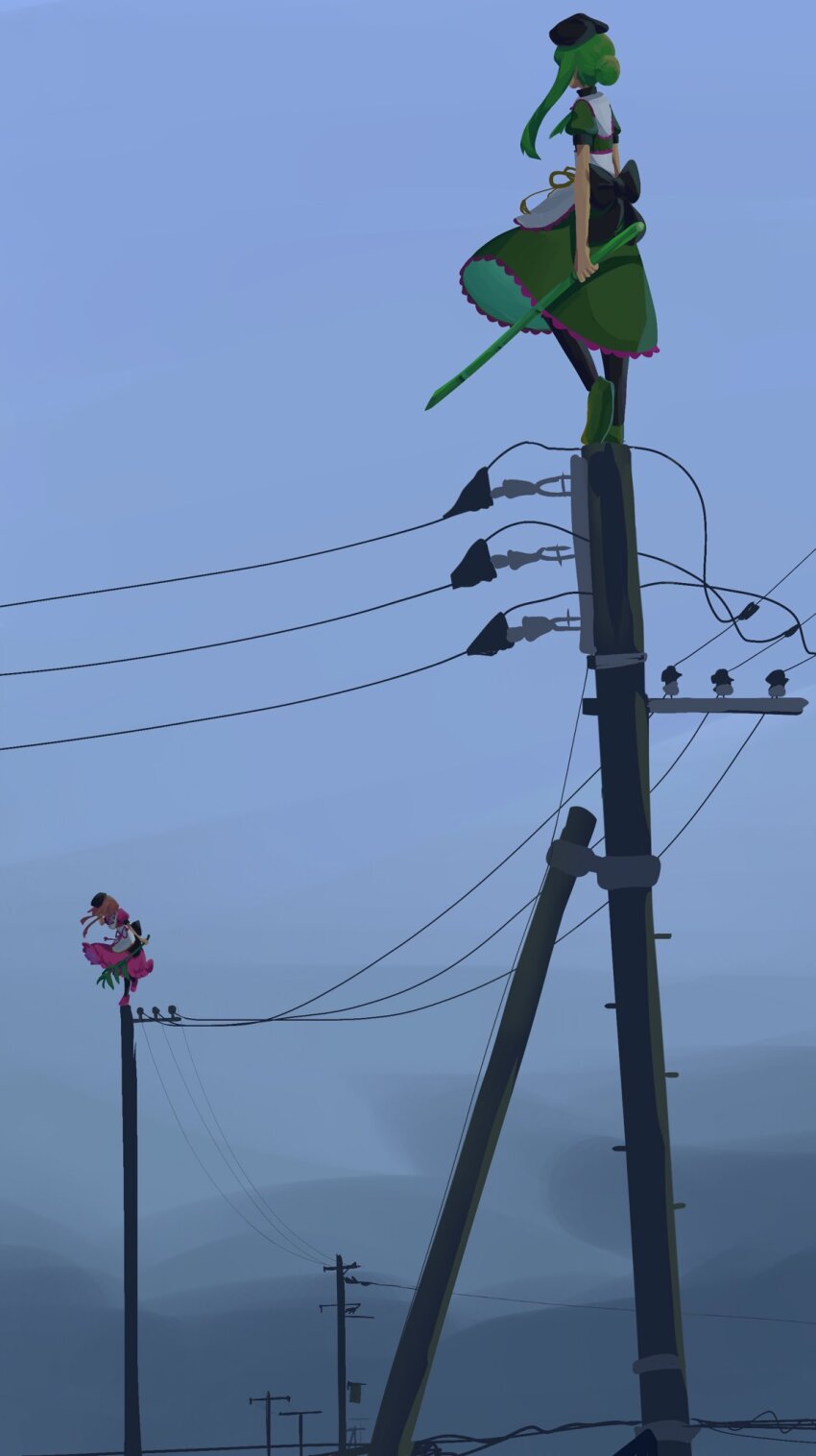 2girls, amadare_rak, apron, back_bow, black_hat, bow, commentary_request, dark