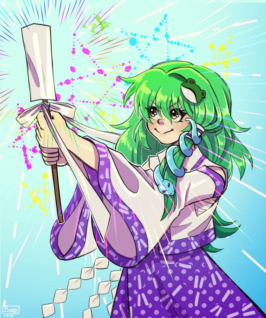 1girl, 3eep, blue_background, detached_sleeves, eyelashes, frog_hair_ornament, glowing, green_hair