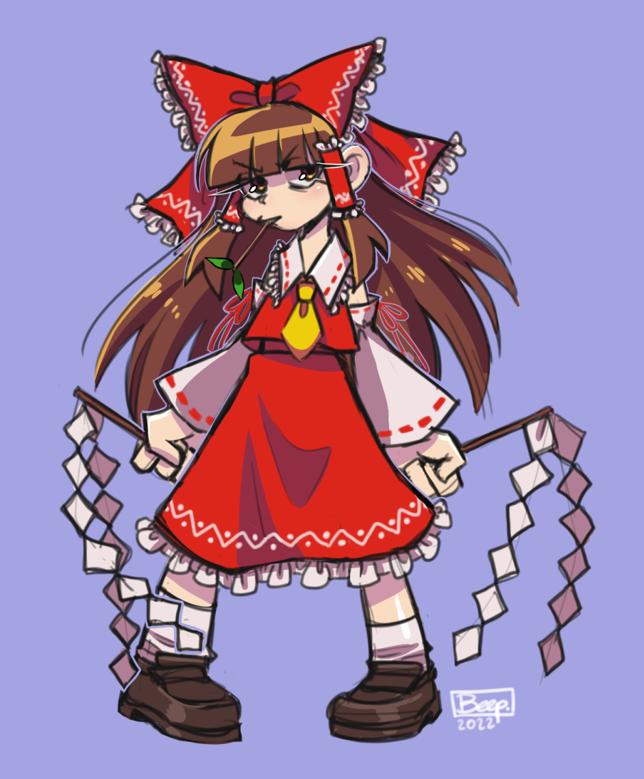 1girl, 3eep, bow, brown_eyes, brown_hair, brown_shoes, commentary, detached_sleeves