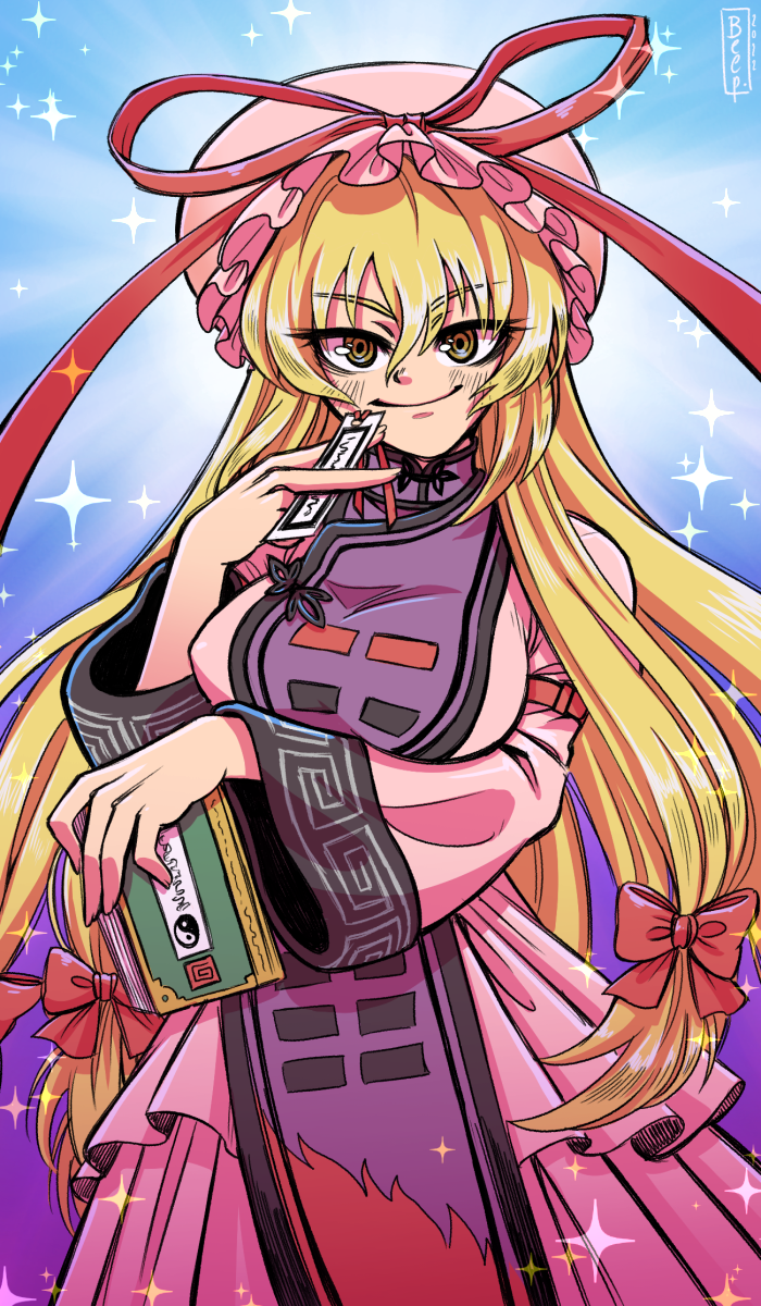 1girl, 3eep, between_fingers, blonde_hair, blush, book, closed_mouth, dress