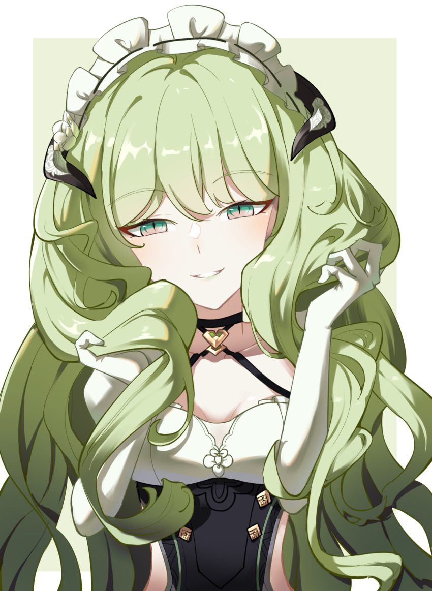 1girl, black_choker, black_dress, breasts, choker, cleavage, clothing_cutout, cosplay, dress, elysia_(honkai_impact), elysia_(miss_pink_elf)_(honkai_impact), elysia_(miss_pink_elf)_(honkai_impact)_(cosplay), fake_horns, feng_yi_xiao, gloves, green_eyes, green_hair, hair_between_eyes, hand_in_own_hair, highres, honkai_(series), honkai_impact_3rd, horns, long_hair, looking_at_viewer, maid, maid_headdress, mobius_(honkai_impact), open_mouth, side_cutout, simple_background, slit_pupils, small_breasts, smile, teeth, upper_body, very_long_hair, white_gloves