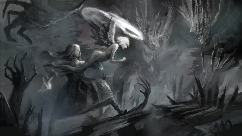 1girl, angel_statue, bob_cut, boots, coif, commentary_request, cover, cover_page, disembodied_hand, fingernails, halo, highres, holding_statue, horror_(theme), kohata_(kohatazuke), medium_hair, monochrome, monster, novel_cover, nun, on_ground, open_mouth, original, sharp_fingernails, statue, teeth, traditional_nun, veil, wings