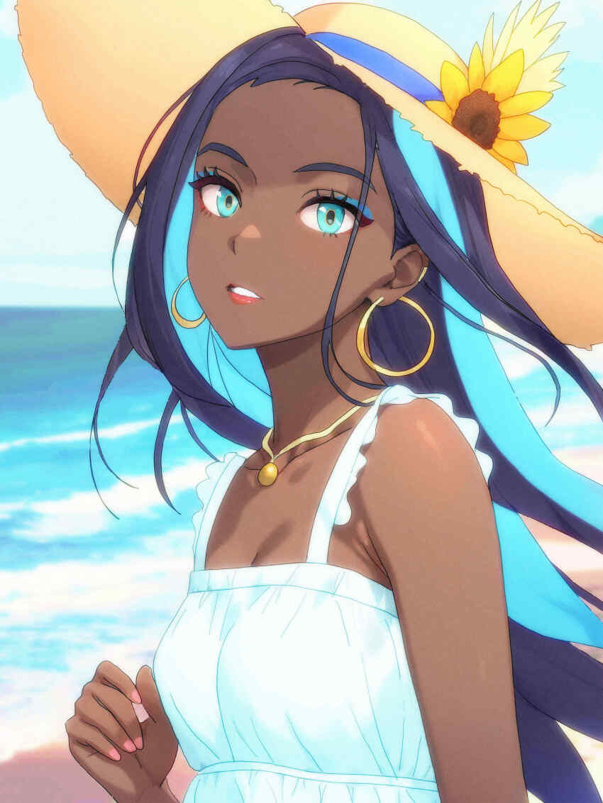 1girl, absurdres, alternate_costume, bare_shoulders, beach, black_hair, blue_dress, blue_eyes, blue_hair, breasts, commentary_request, dark-skinned_female, dark_skin, day, dress, earrings, fingernails, floating_hair, goromochan, hat, highres, hoop_earrings, jewelry, lips, long_hair, looking_at_viewer, multicolored_hair, necklace, nessa_(pokemon), nintendo, ocean, outdoors, parted_lips, pink_nails, pokemon, pokemon_sword_and_shield, red_lips, sand, shadow, sleeveless, sleeveless_dress, small_breasts, solo, straw_hat, sun_hat, two-tone_hair