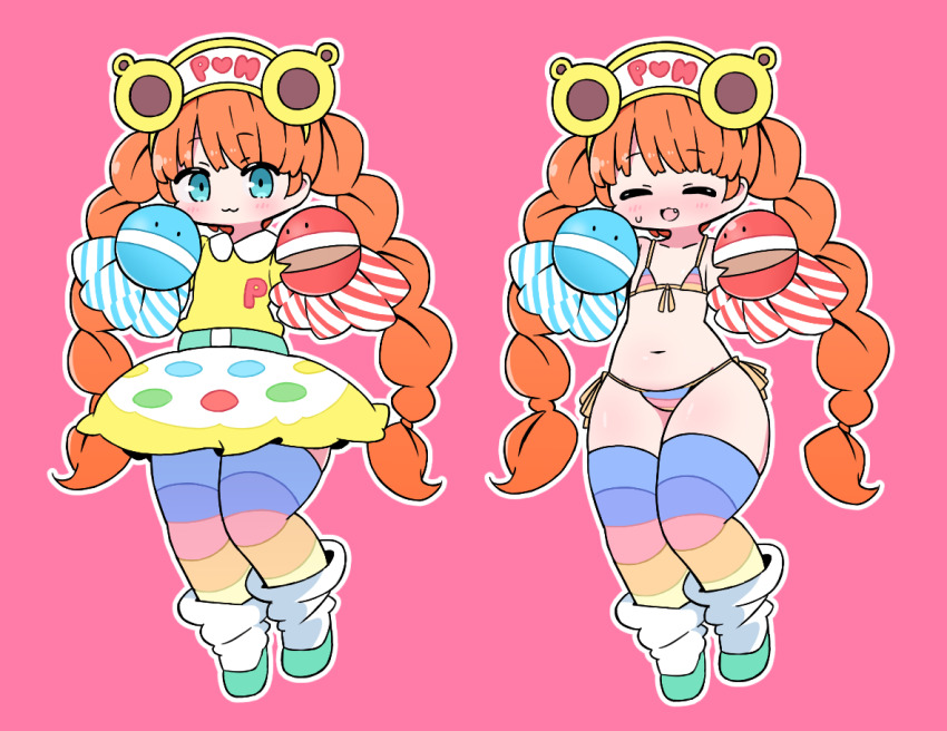 1girl, :3, bemani, bikini, blue_eyes, blush, braid, collarbone, dress, flat_chest, hand_puppet, hat, kiosk_(artist), long_hair, navel, nonet_(pop'n_music), open_mouth, orange_hair, outline, pink_background, pop'n_music, puppet, simple_background, striped_bikini, striped_clothes, striped_thighhighs, swimsuit, thighhighs, twin_braids, variations, white_outline, yellow_dress, yellow_hat