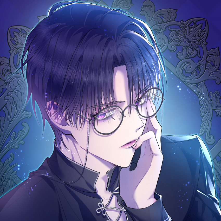 1boy, absurdres, black_hair, black_shirt, blue_background, glasses, hand_up, highres, male_focus, moe_draw2020, original, parted_bangs, portrait, purple_eyes, shirt