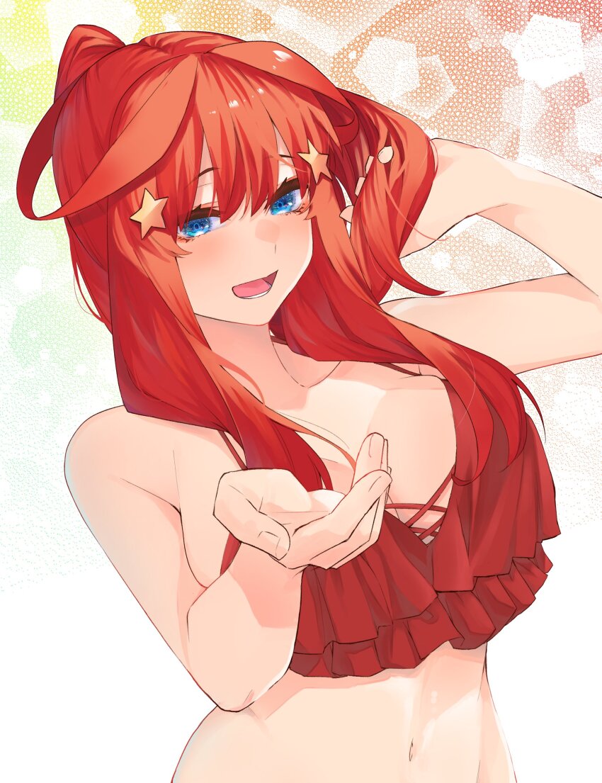 1girl, :d, absurdres, adjusting_hair, ahoge, bikini, blue_eyes, breasts, go-toubun_no_hanayome, hair_between_eyes, hair_ornament, highres, large_breasts, long_hair, looking_at_viewer, mojyu_saico, nakano_itsuki, open_mouth, reaching, reaching_towards_viewer, red_bikini, red_hair, simple_background, smile, solo, star_(symbol), star_hair_ornament, swimsuit, upper_body