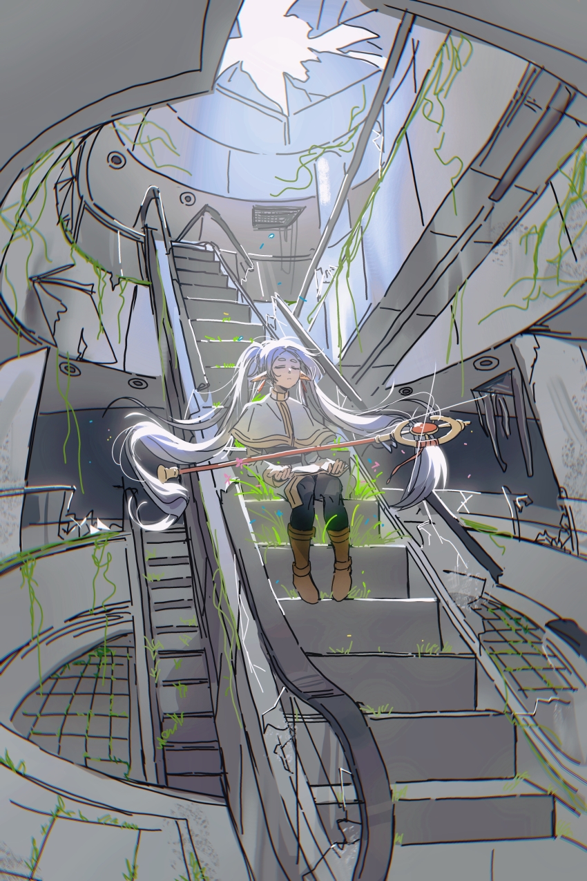 1girl, abandoned, absurdres, black_pantyhose, boots, broken_ceiling, broken_glass, brown_boots