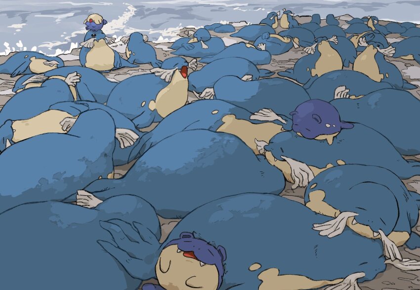 animal_ears, aomon_(yuuji7604), beach, blue_fur, closed_eyes, crowd, fangs, gen_3_pokemon