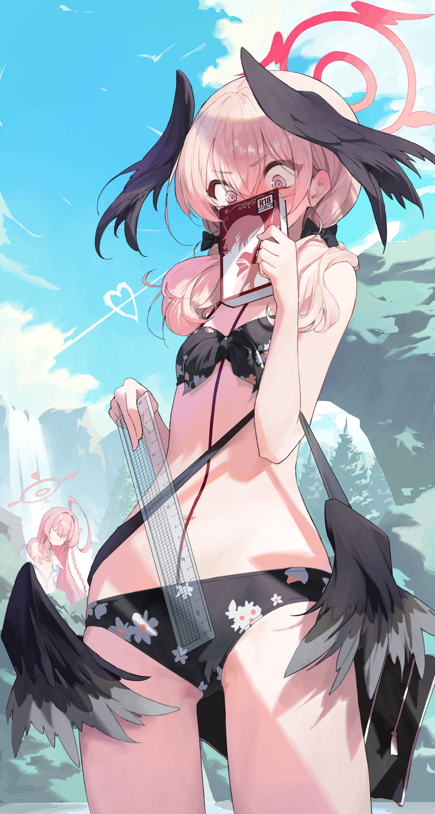 1-5iro, 2girls, absurdres, bare_shoulders, bikini, black_bikini, black_wings, blue_archive