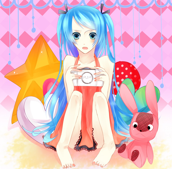 1girl, bad_feet, bad_id, bad_pixiv_id, barefoot, dress, female_focus, hair_ribbon, handheld_game_console, hatsune_miku, hinasora_azuki, kunagisa_tomo, playstation_portable, ribbon, sitting, solo, stuffed_animal, stuffed_rabbit, stuffed_toy, twintails, vocaloid, zaregoto_series