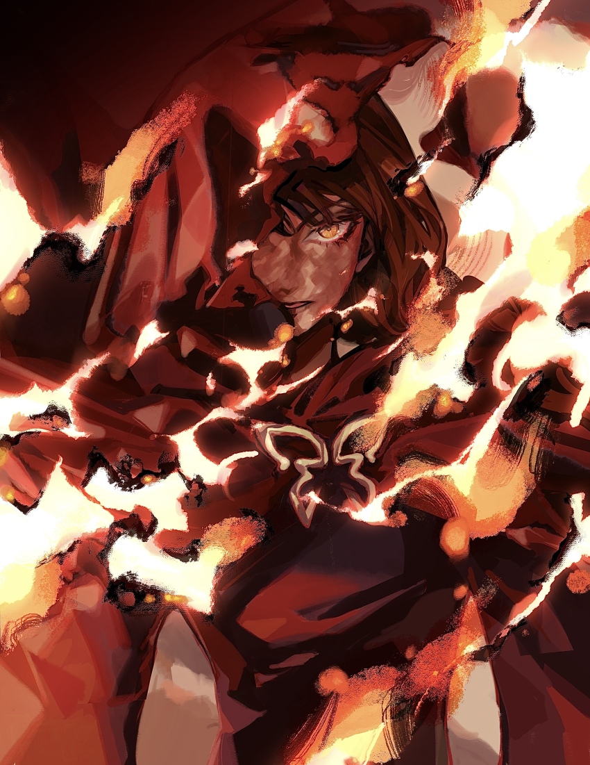 1girl, absurdres, braid, brooch, burn_scar, burnt_clothes, butterfly_brooch, clenched_teeth