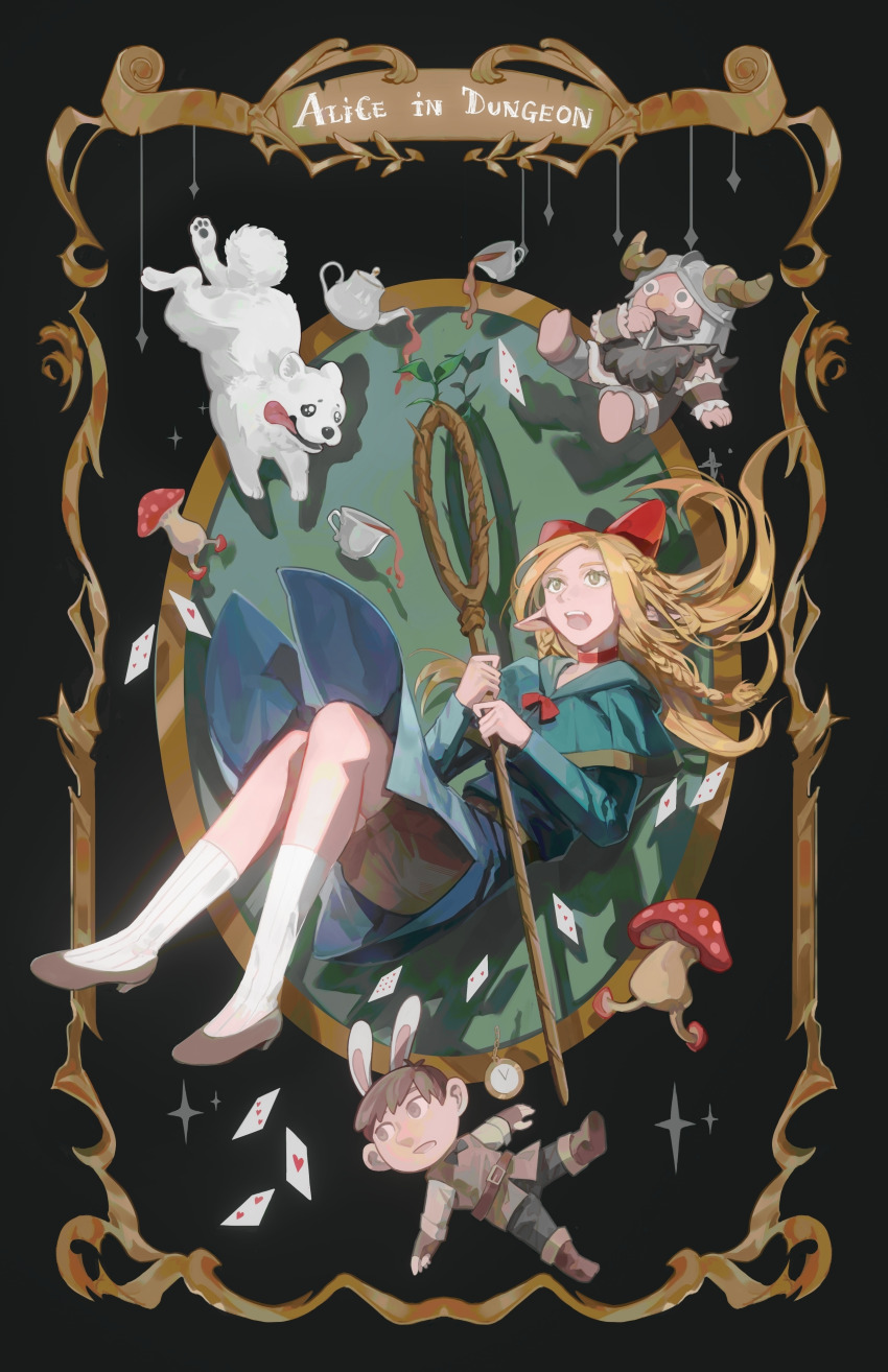 1girl, 2boys, absurdres, alice's_adventures_in_wonderland, ambrosia_(dungeon_meshi), awkwardtomato, black_background, black_footwear