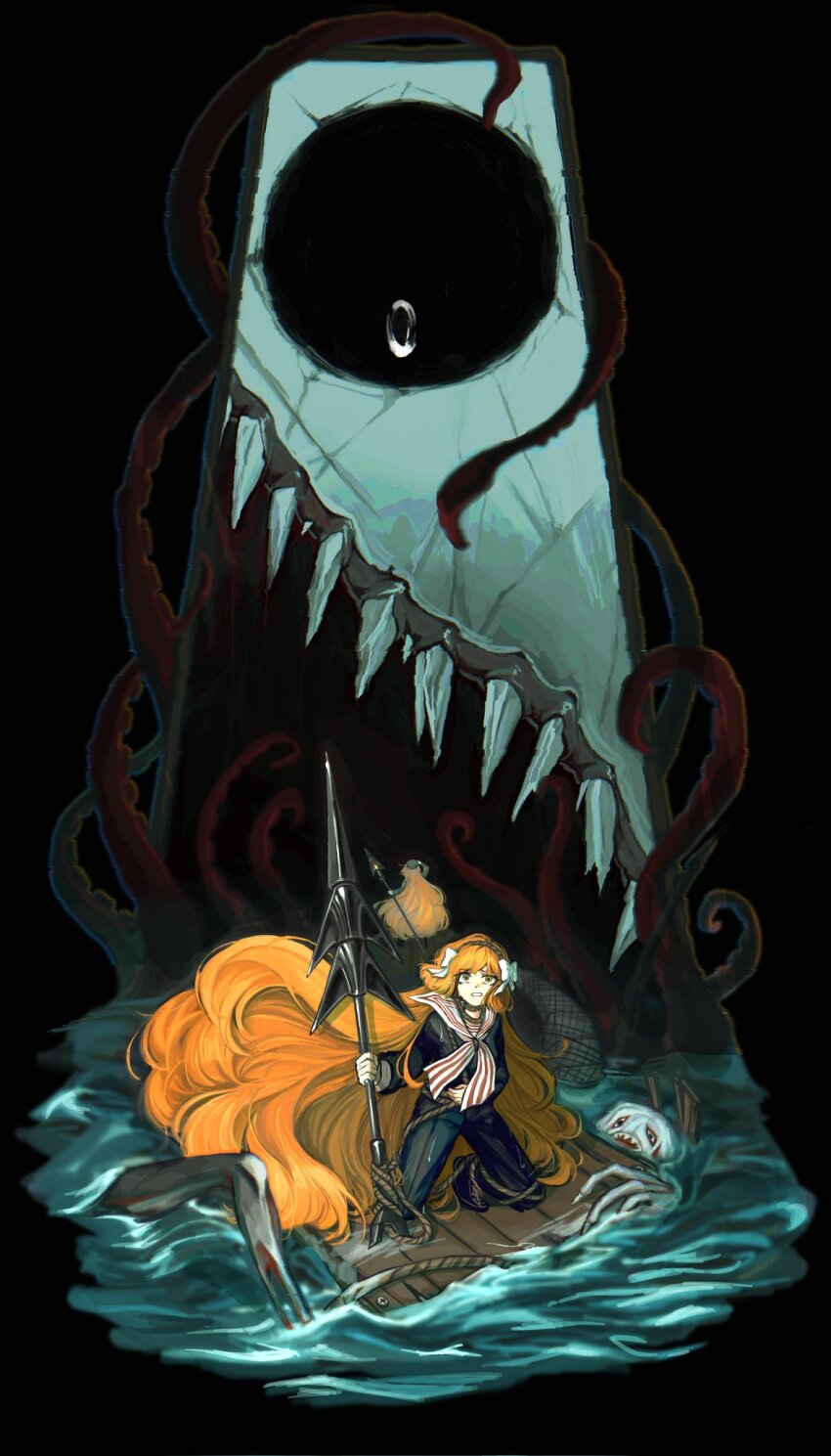 1girl, black_background, blue_pants, blue_shirt, bow, e.g.o_(project_moon), full_body, hair_bow