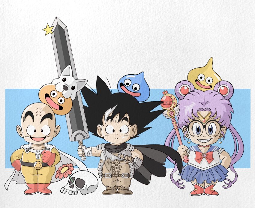 1girl, 2boys, armor, bald, bandages, belt, berserk, bishoujo_senshi_sailor_moon