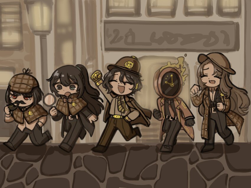 1other, 2boys, 2girls, black_gloves, black_hair, black_shirt, bowler_hat, brown_coat