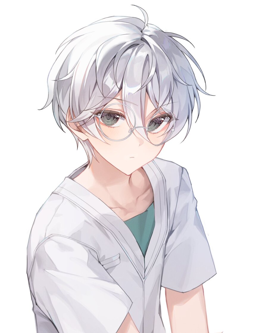 1boy, aqua_shirt, closed_mouth, double-parted_bangs, ensemble_stars!, expressionless, grey_eyes, grey_hair, hair_between_eyes, half-closed_eyes, highres, kes_0210, layered_clothes, looking_at_viewer, male_focus, messy_hair, natsu_kanna, portrait, round_eyewear, shirt, short_hair, short_sleeves, simple_background, solo, v_arms, white-framed_eyewear, white_background, white_shirt