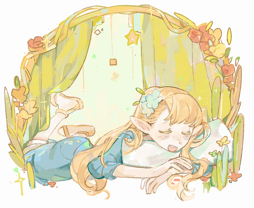 1girl, blonde_hair, blue_dress, brown_sandals, closed_eyes, curtains, dress, dungeon_meshi