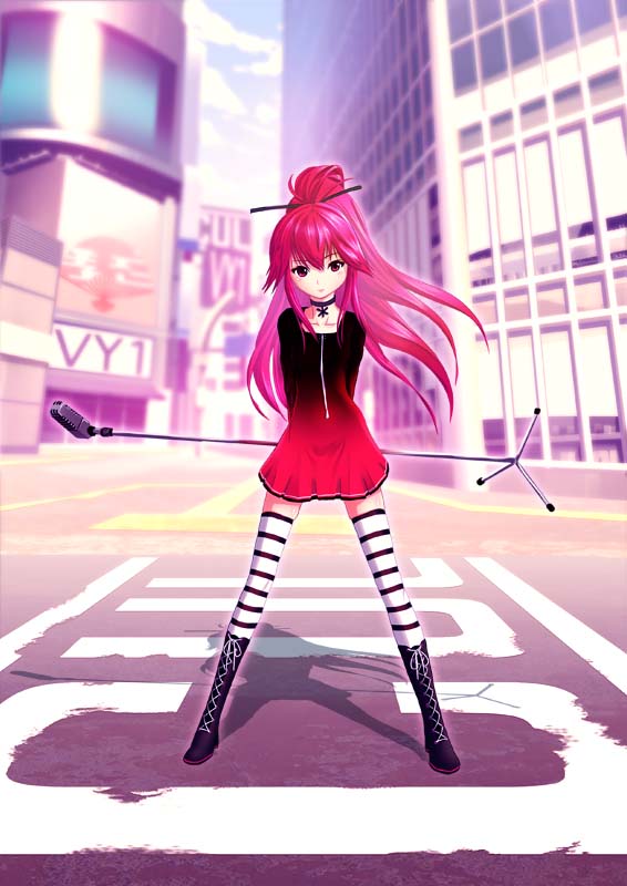 1girl, boots, building, city, cosplay, cul, dress, female_focus, long_hair, microphone, microphone_stand, ponytail, red_eyes, red_hair, solo, striped_clothes, striped_thighhighs, thighhighs, vocaloid, vy1, vy1_(cosplay), yonasawa