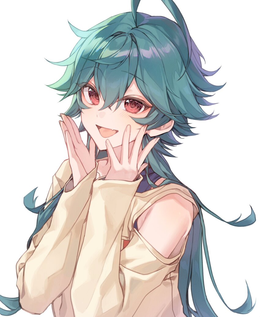 1boy, :d, ahoge, aqua_hair, clothing_cutout, crossed_bangs, double-parted_bangs, ensemble_stars!