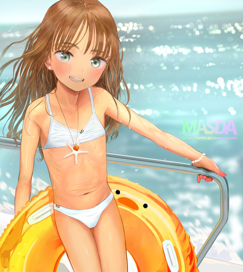 1girl, aoife_campbell_(masuda_(yousaytwosin)), aqua_eyes, artist_name, bikini, blurry, blurry_background, blush, bracelet, brown_hair, day, earrings, female_focus, flat_chest, grin, highres, innertube, jewelry, loli, long_hair, masuda_(yousaytwosin), navel, necklace, ocean, original, railing, smile, solo, star_(symbol), star_earrings, starfish, stomach, swim_ring, swimsuit, water, watermark, web_address, webp-to-png_conversion, wet, white_bikini