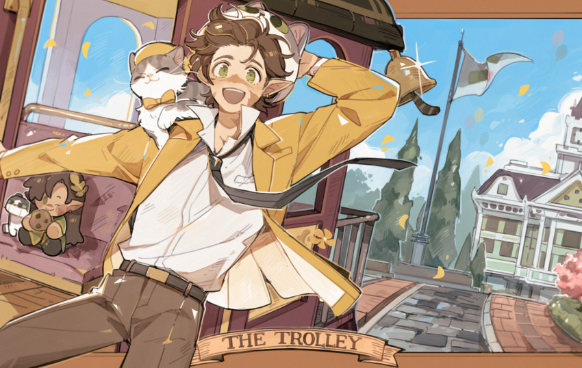 1boy, alternate_costume, bell, bow, bowtie, building, cat, cat_(minecraft)