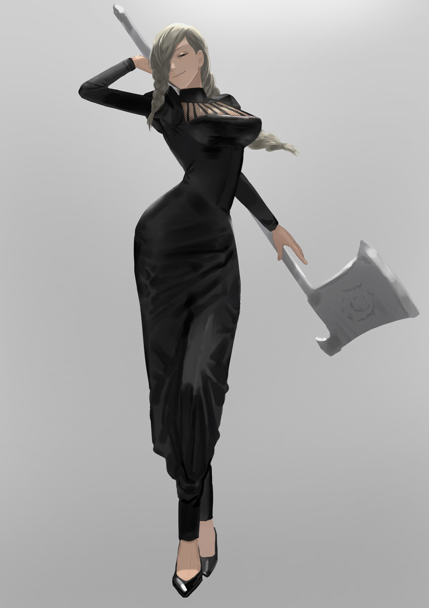 1girl, axe, black_dress, black_footwear, braid, braided_bangs, braided_ponytail, breasts, dress, grey_background, grey_hair, hair_over_face, hair_over_one_eye, high_heels, highres, holding, holding_axe, jujutsu_kaisen, kuro_(grf), large_breasts, long_hair, long_sleeves, looking_at_viewer, mei_mei_(jujutsu_kaisen), one_eye_covered, puffy_sleeves, simple_background, smile, solo, tight_clothes, tight_dress, turtleneck, turtleneck_dress