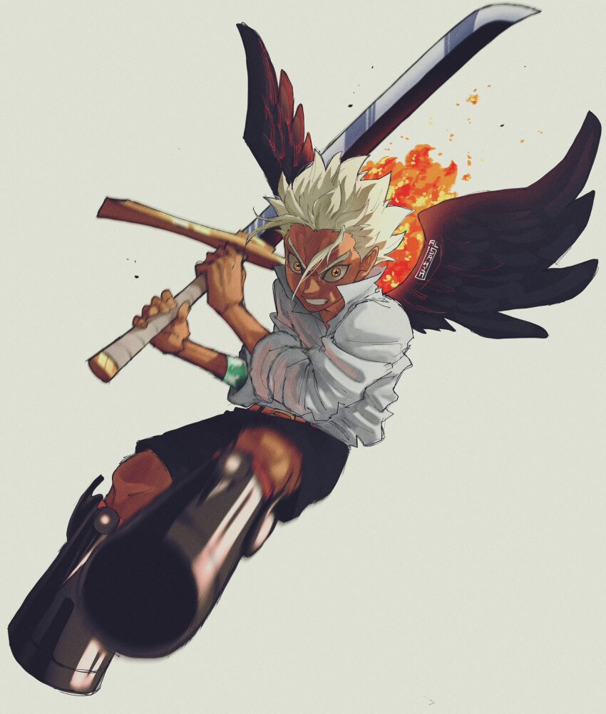 1boy, al_sahim, black_boots, black_wings, blood, boots, dark_skin, feathered_wings
