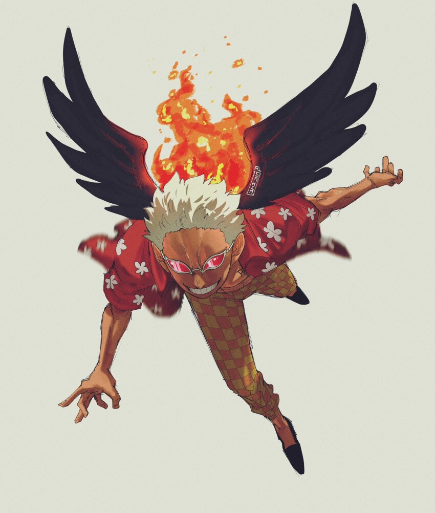 1boy, al_sahim, black_wings, checkered_clothes, checkered_pants, dark_skin, feathered_wings, fire