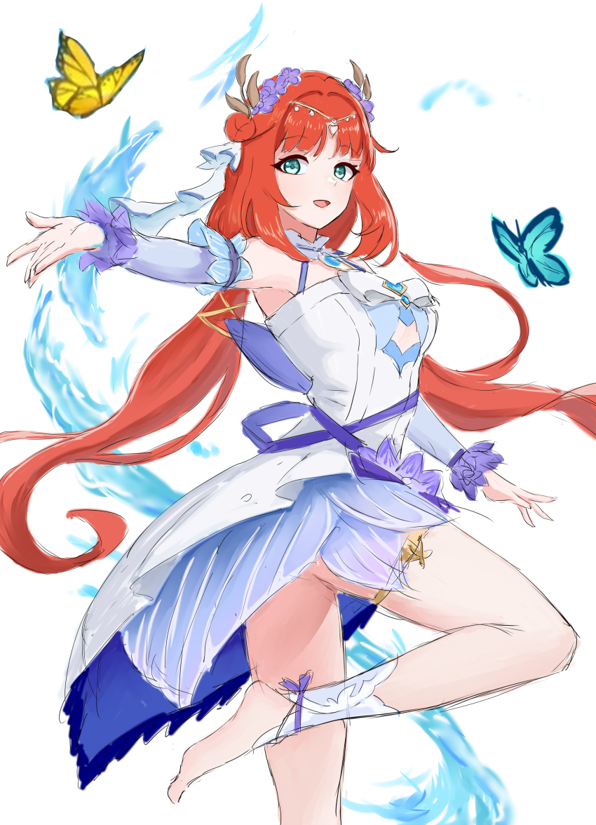 1girl, :d, absurdres, bare_legs, bare_shoulders, barefoot, blue_eyes, dress