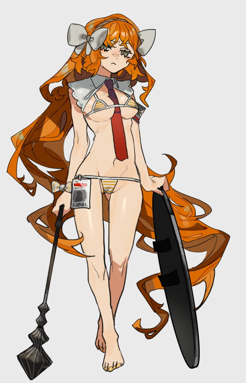 1girl, armband, barefoot, bikini, bow, breasts, cameltoe, closed_mouth, collared_shirt, freckles, full_body, gluteal_fold, green_eyes, hair_bow, hamelon310, highres, holding, holding_mace, holding_shield, holding_weapon, id_card, ishmael_(project_moon), limbus_company, long_hair, looking_at_viewer, mace, medium_breasts, meme, miku_collar_bikini, necktie, orange_bikini, orange_hair, project_moon, red_necktie, shield, shirt, shrug_(clothing), sidelocks, simple_background, solo, swimsuit, very_long_hair, weapon, white_background, white_bow, white_shirt