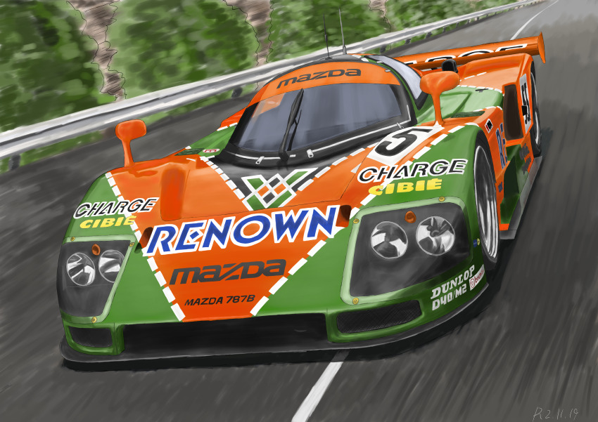 absurdres, bush, car, guard_rail, highres, le_mans_prototype, ma-ra_shinja_4, mazda, mazda_787b, motion_blur, motor_vehicle, no_humans, race_vehicle, racecar, radio_antenna, spoiler_(automobile), vehicle_focus, world_sportscar_championship