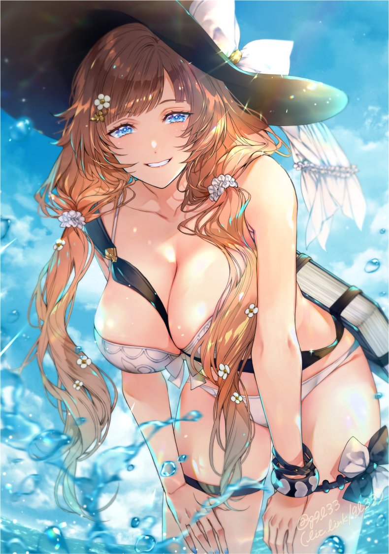 1girl, belt, between_breasts, bikini, black_hat, blue_eyes, blue_nails, book