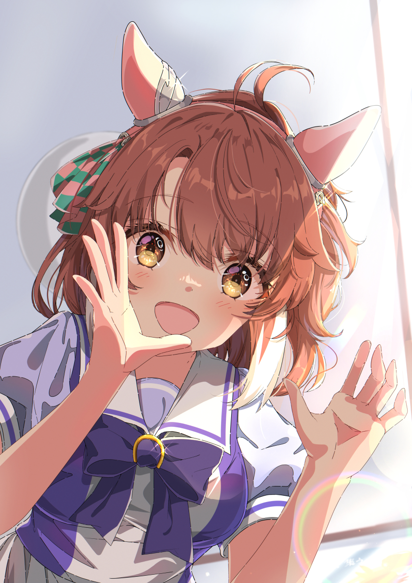 1girl, absurdres, ahoge, animal_ears, breasts, brown_eyes, brown_hair, commentary_request