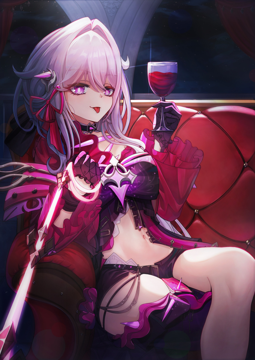 1girl, absurdres, alcohol, ang55523671, asymmetrical_clothes, asymmetrical_coat, black_choker, black_gloves