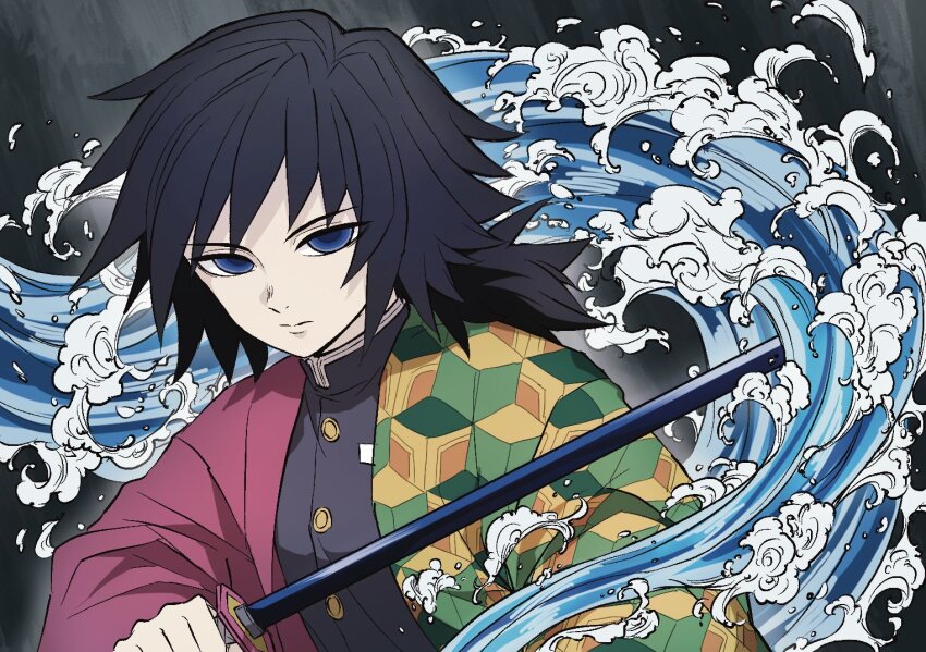 1boy, akari-chan_(e), closed_mouth, holding, holding_sword, holding_weapon, hydrokinesis, kimetsu_no_yaiba