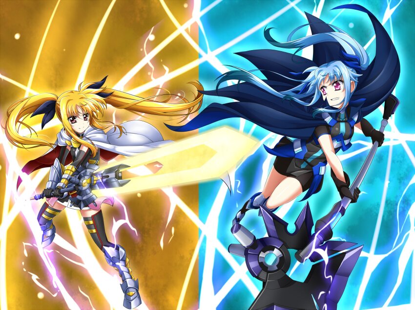2girls, armored_boots, armored_gloves, axe, bardiche_(nanoha), bardiche_(straight_saber_form)_(nanoha), black_gloves, blonde_hair