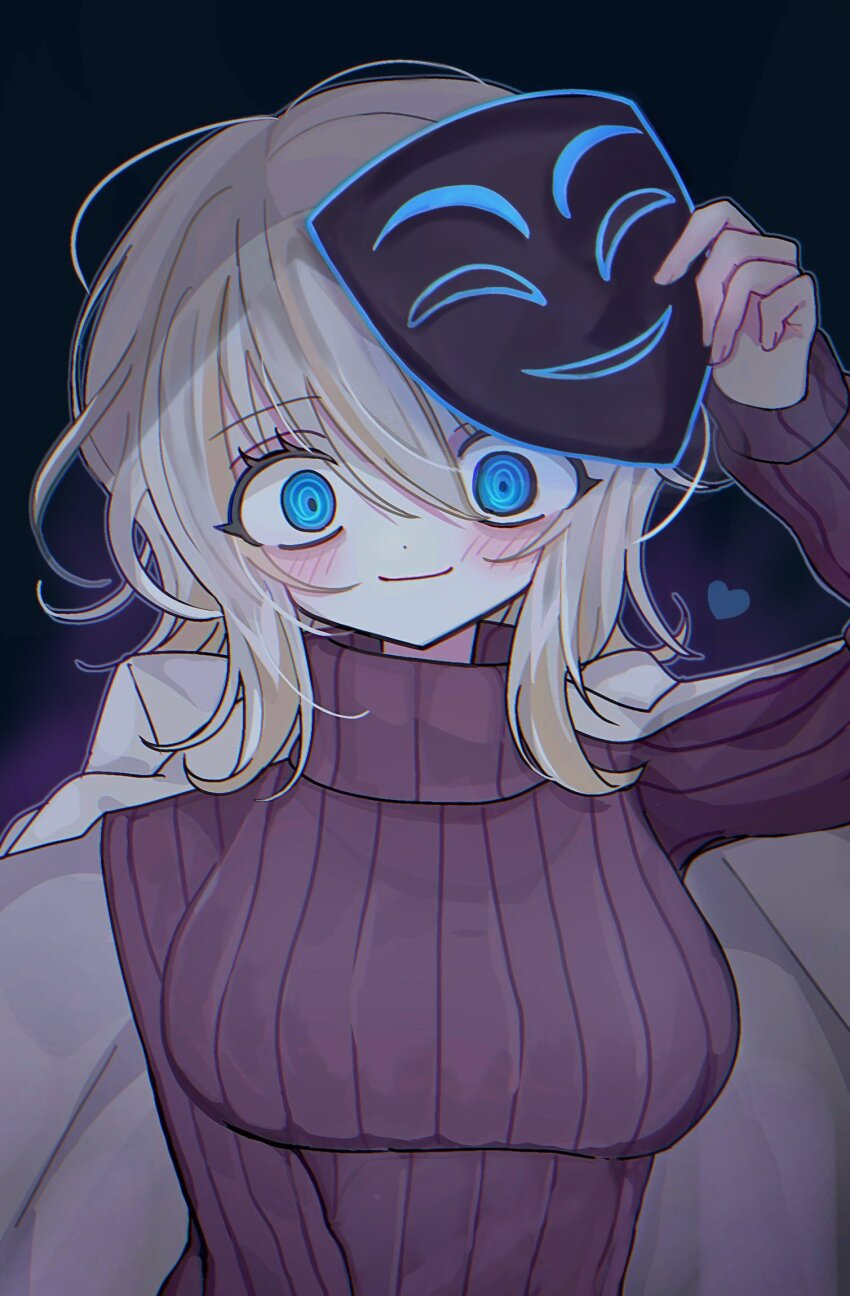 1girl, 9_wapuwapu, blonde_hair, blush, breasts, brown_sweater, closed_mouth, coat