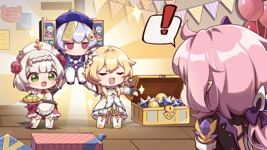 !, 4girls, apron, balloon, blonde_hair, box, coin, crossover