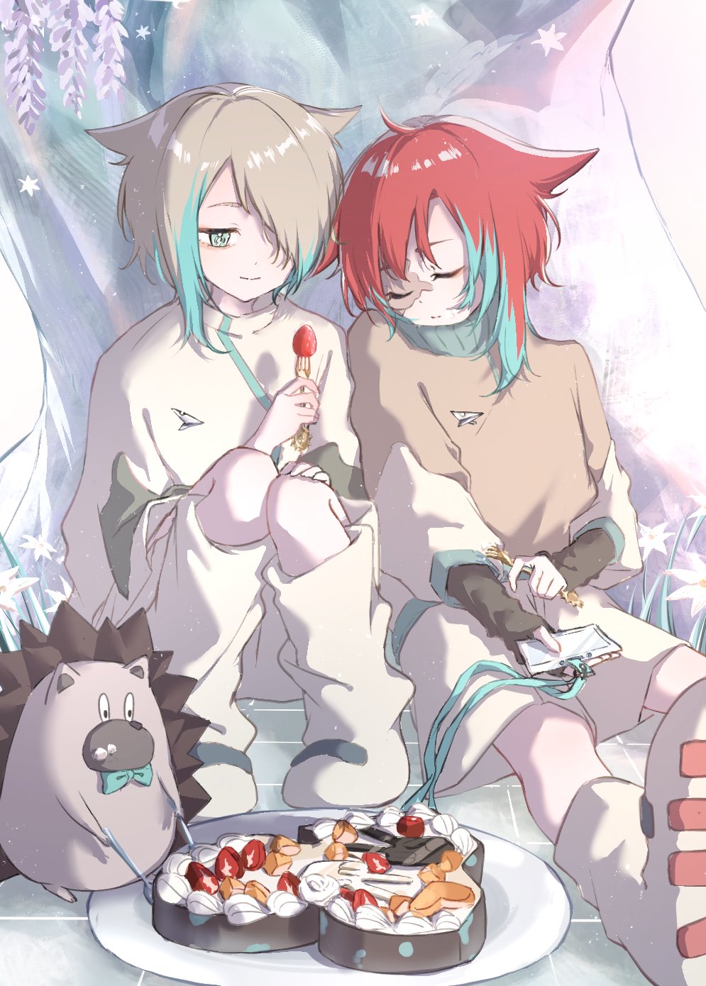 2023, 2girls, black_gloves, cake, closed_eyes, colored_inner_hair, fingerless_gloves, food