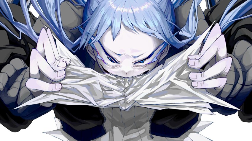 1girl, ado_(utaite), black_jacket, blue_eyes, blue_hair, chromatic_aberration, commentary_request, cover