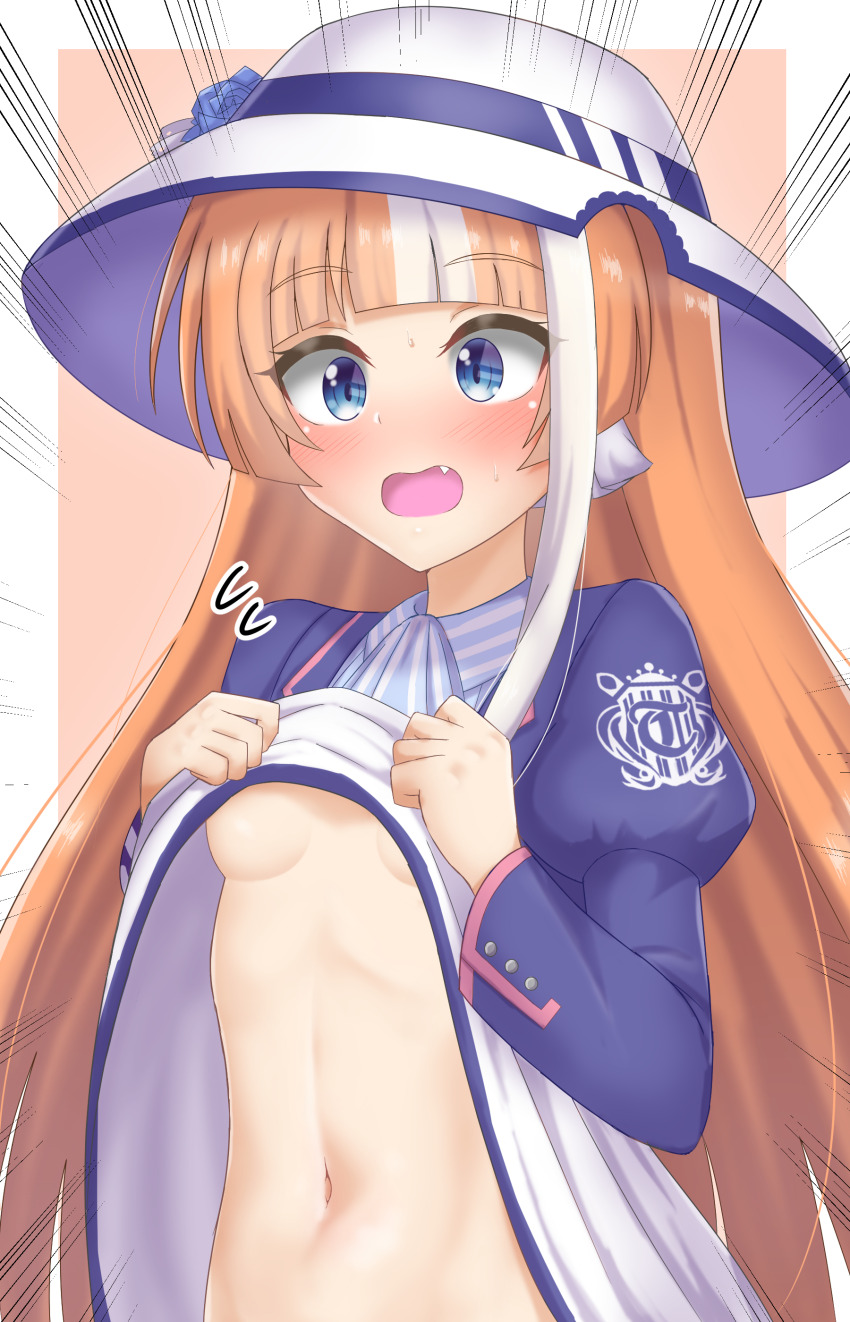 1girl, absurdres, akikawa_yayoi_(umamusume), blunt_bangs, blush, breasts, commentary_request, emphasis_lines, fang, hat, highres, horse_girl, kusarigama_sshimi, lifting_own_clothes, looking_at_viewer, navel, no_bra, open_mouth, orange_hair, small_breasts, solo, sweat, umamusume, underboob