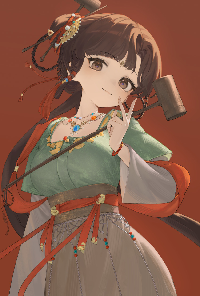 1girl, absurdres, breasts, brown_eyes, brown_hair, chinese_clothes, closed_mouth, dipper, facial_mark, forehead_mark, green_shirt, hair_bun, hair_ornament, hand_up, hanfu, highres, holding, holding_spoon, huadian, jiu_niangzi, layered_sleeves, long_hair, long_sleeves, looking_at_viewer, red_background, red_shawl, reverse:1999, sameya_(ara7569), shawl, shirt, short_over_long_sleeves, short_sleeves, single_side_bun, skirt, smile, solo, spoon, tassel, tassel_hair_ornament, upper_body, v, white_sleeves, yellow_skirt